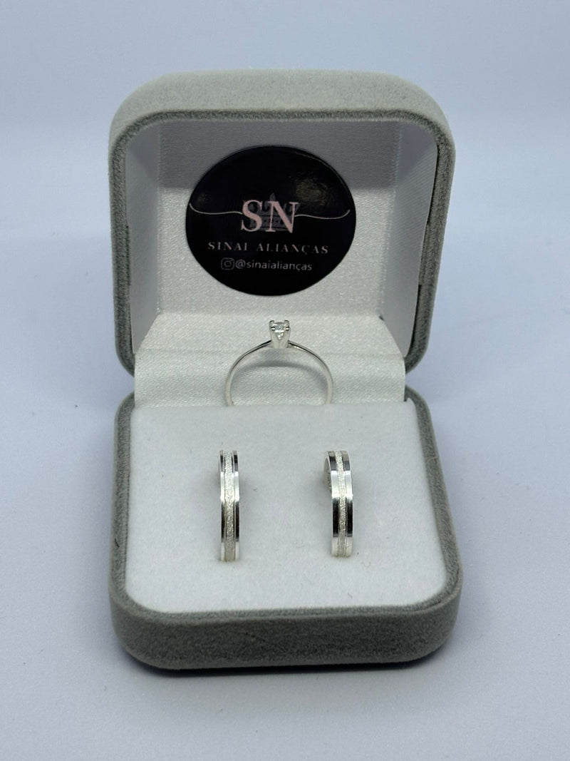 Aliança de Prata 3mm Reta com Um Friso de 1mm Central Friso Fosco