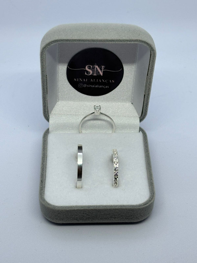 Alianças de Prata 2.5mm  Reta Feminina Toda Cravejada Cravação Esgrifada Masculina toda Lisa