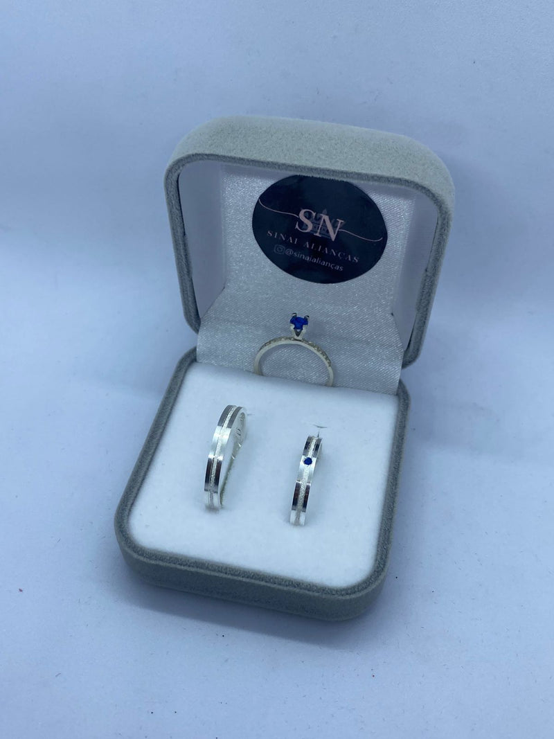 Alianças de Prata 3mm Friso Fosco Central Feminina com Pedra Anel Solitário Cravejado